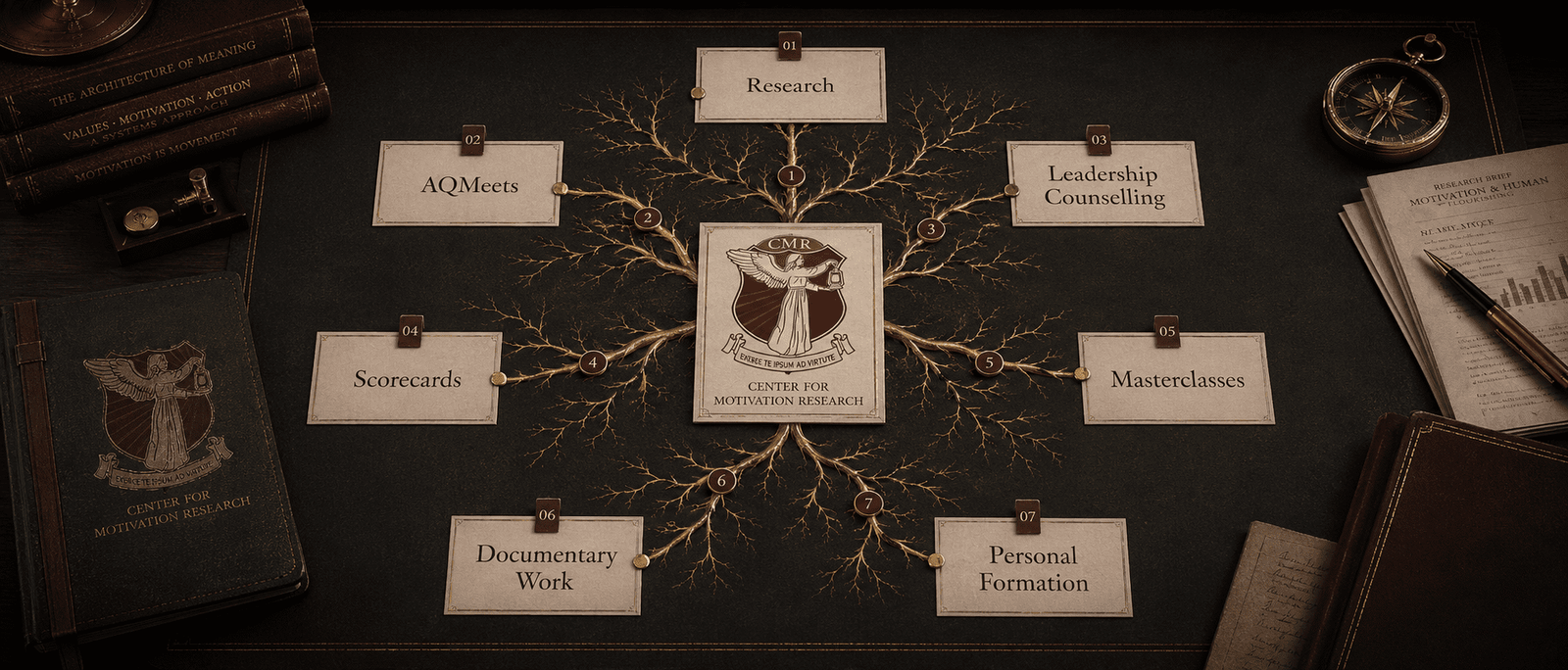 Center for Motivation Research root-system visual branching into research, counselling, AQMeets, scorecards, masterclasses, documentary work, and personal formation