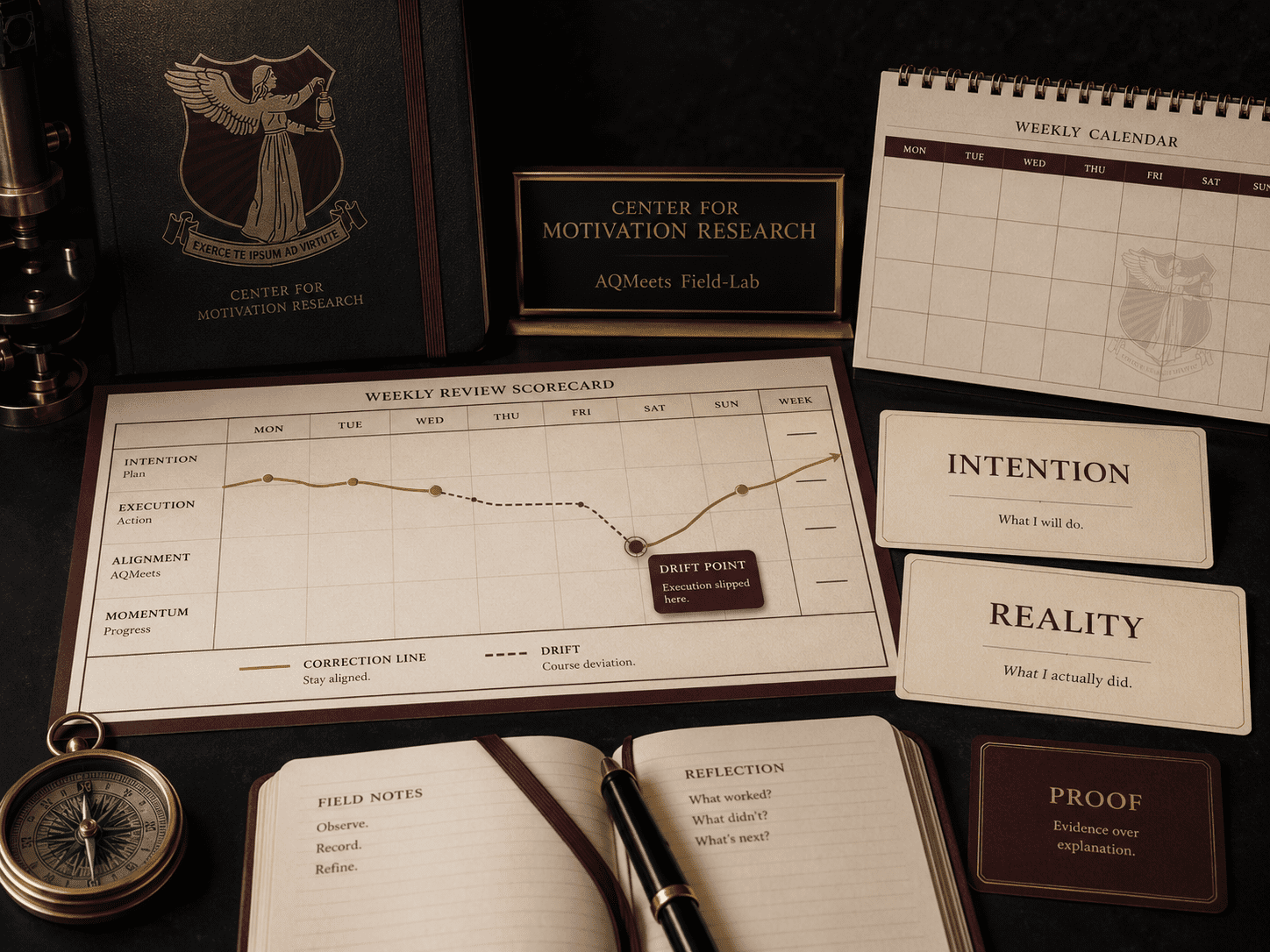 Premium AQMeets field lab visual with weekly review scorecard, Intention and Reality cards, calendar, proof marker, gold correction line, burgundy drift point, and CMR seal