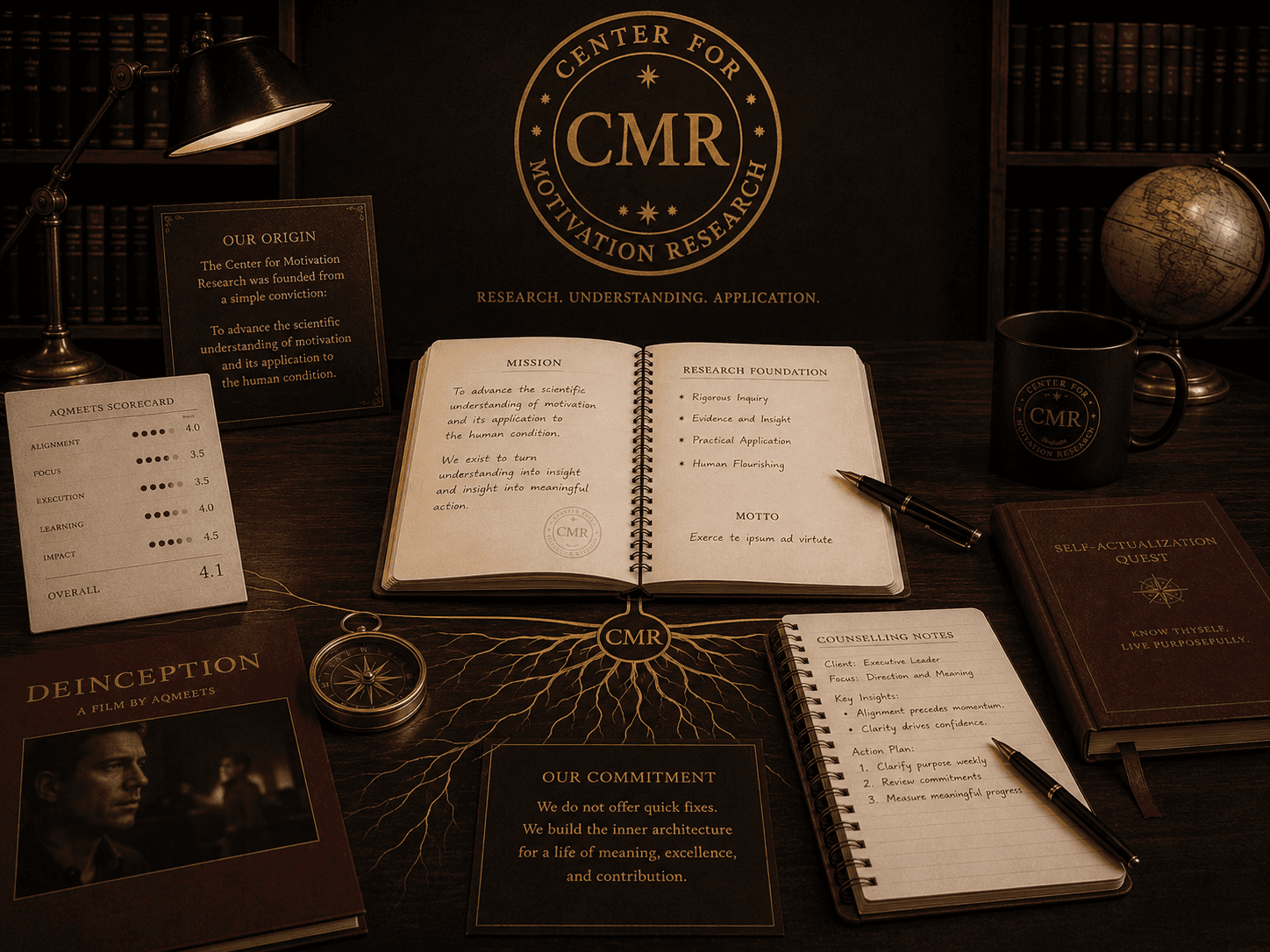 Premium institutional origin image with serious research room, CMR seal, open mission notebook, counselling notes, AQMeets scorecard, Quest journal, DeINCEPTION film still, compass, and gold root line