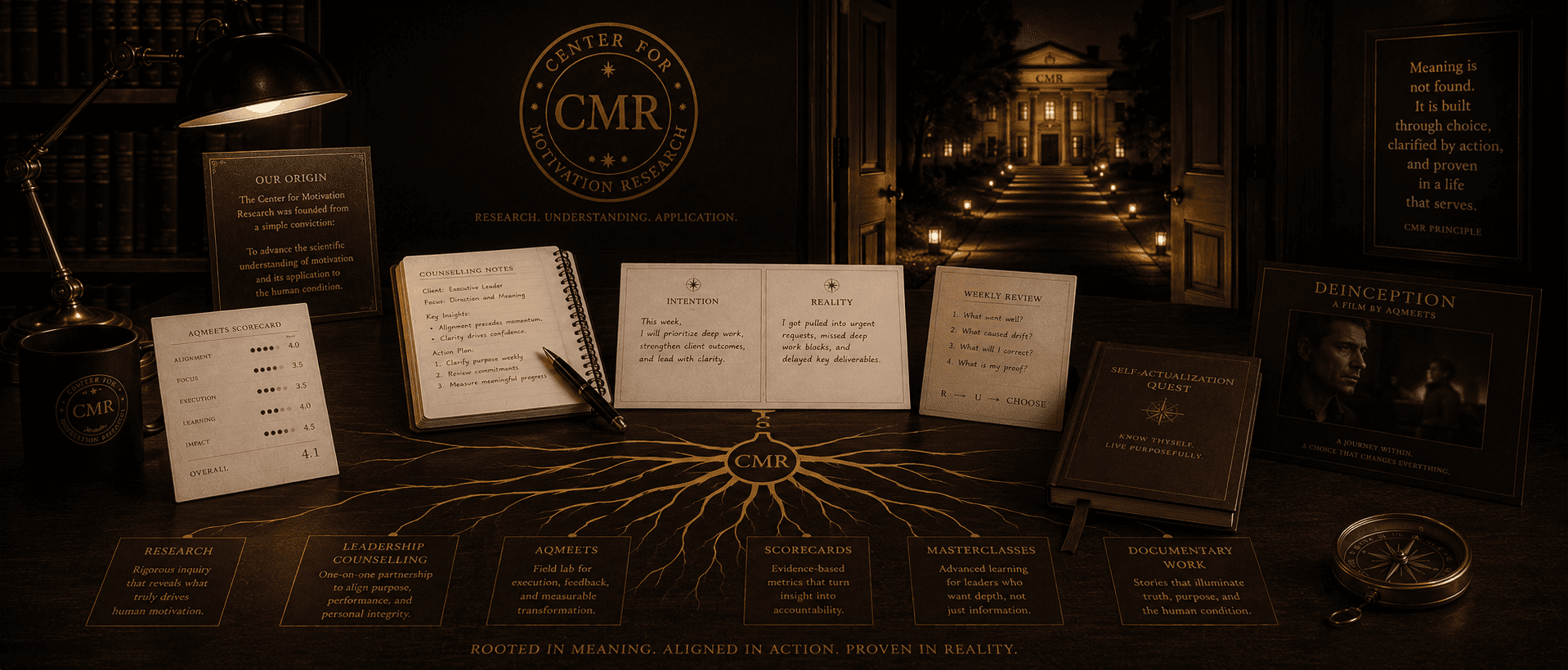 Premium institutional final image with lit research room at night, open doors, root-system diagram, scorecard, counselling notebook, Quest journal, documentary film still, compass, and gold line returning to the CMR seal