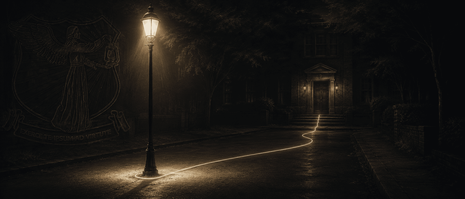 Premium philosophical image of a quiet street at night with a lone streetlight, dark house, and a subtle gold line leading toward the deeper place of inquiry