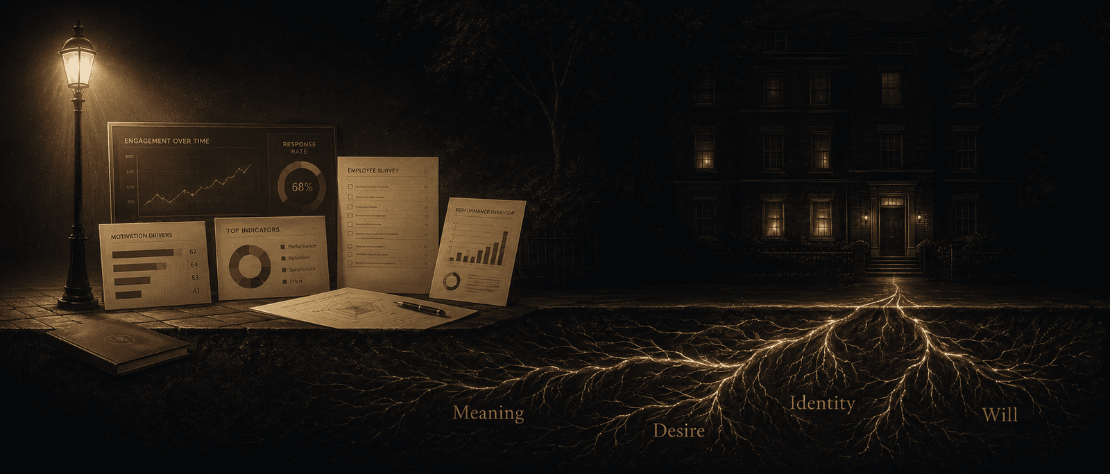 Premium split image showing surface measurement, dashboards, and indicators contrasted with hidden roots of meaning, desire, identity, and will