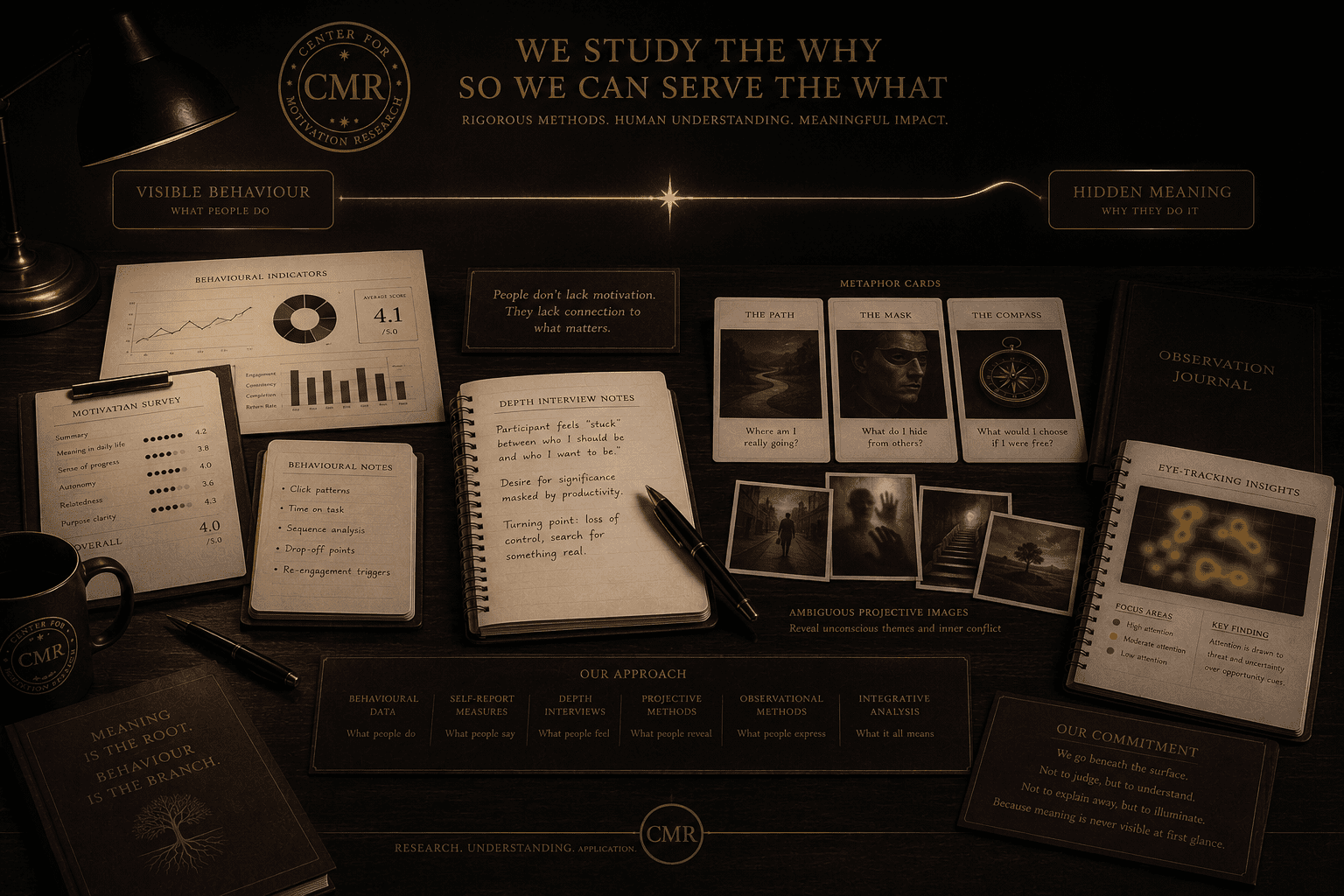 Premium research methods image with depth interview notes, metaphor cards, projective images, observation journal, eye-tracking chart, and a gold line connecting behaviour to hidden meaning