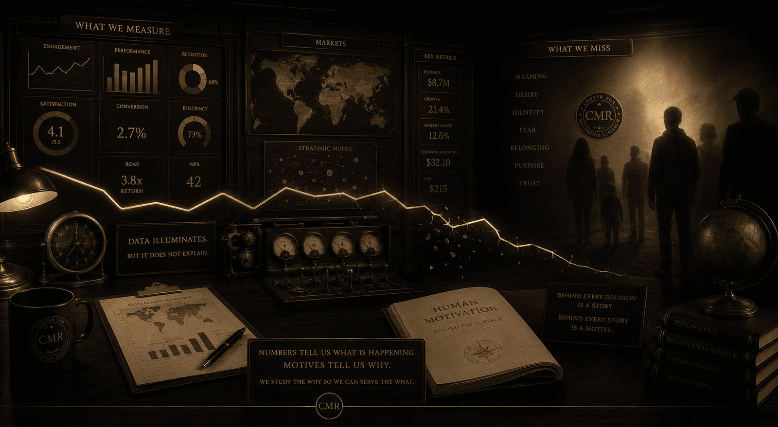 Premium historical-concept image with dark strategy room, dashboards, maps, numerical metrics, and a broken gold line leading toward human silhouettes in shadow