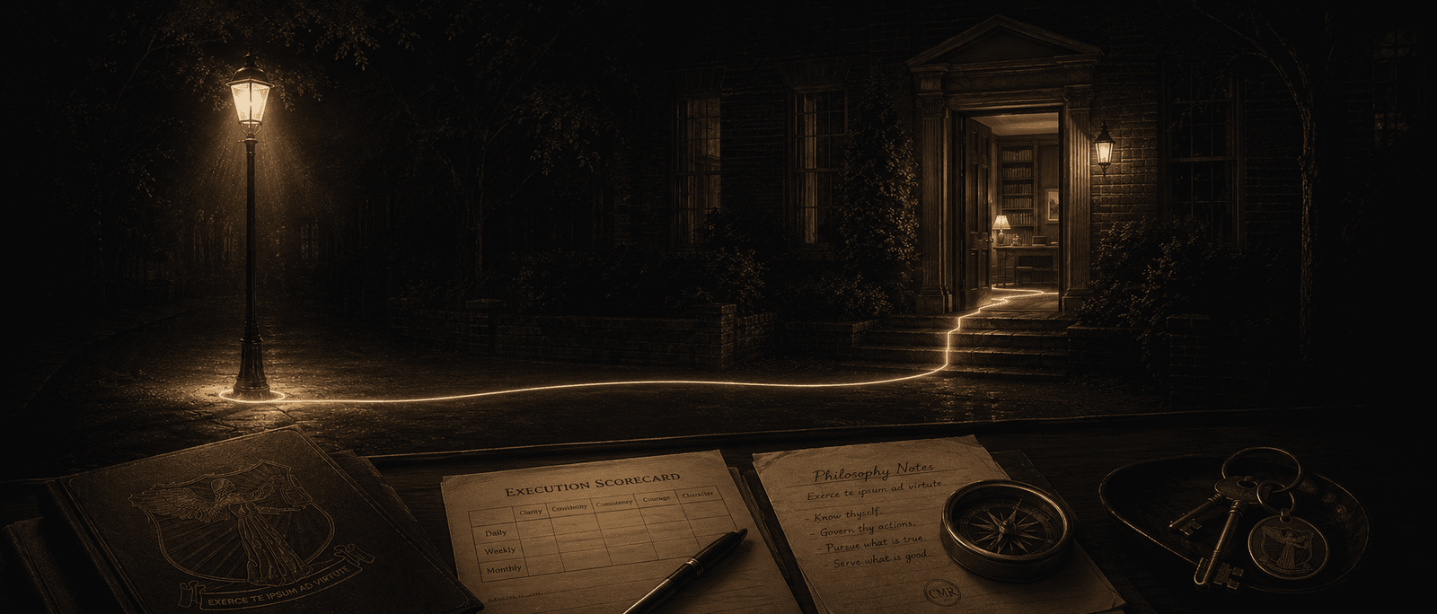 Premium final image with dark house doorway opening into warm light, keys, Execution Scorecard, philosophy notes, compass, CMR seal, and gold line from streetlight to interior room